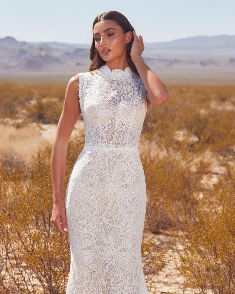 Lp2403 modest high neck wedding dress with cap sleeves and high back3